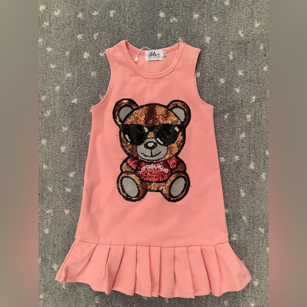 Lola and the Boys drop pleat pink dress sequin Teddy Bear size 4